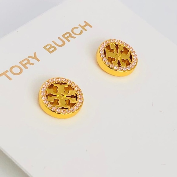 NEW Tory Burch Rose Pavè Crystal Circle Logo Stud Earrings - Picture 4 of 6